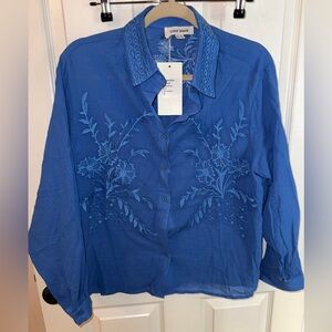 Color Block Women’s Blue Embroidered Button-Up Shirt